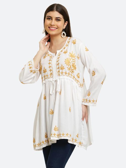 women chikankari three quarter sleeve flared kurti - 21561936 -  Standard Image - 0