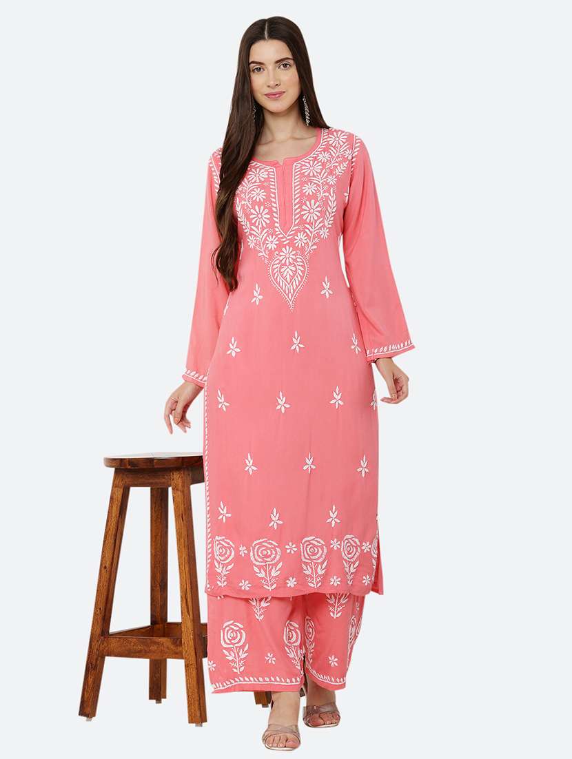 women pink chikankari kurta palazzo set 