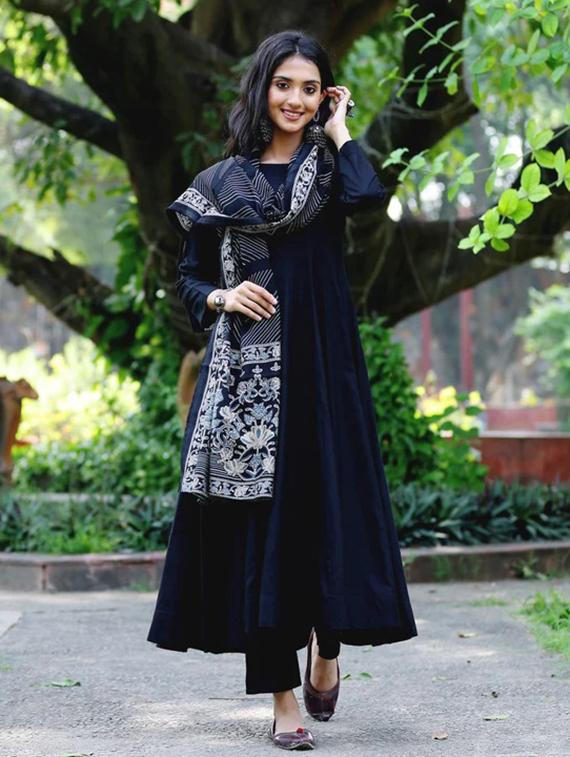 women solid long sleeve anarkali kurta pant with dupattta set