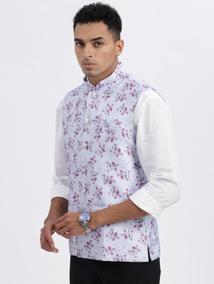 men floral mandarian neck nehru jacket - 21562490 - Standard Image - 2