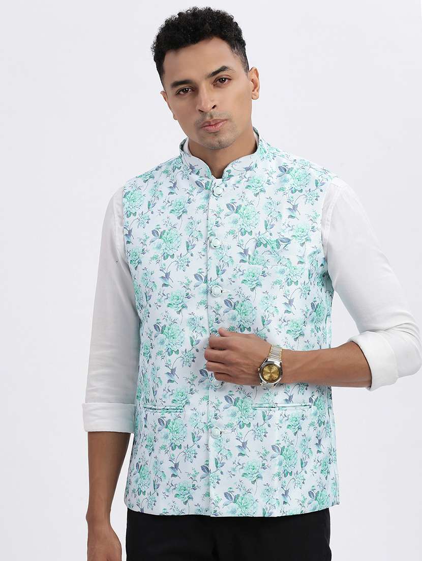 men floral mandarian neck nehru jacket