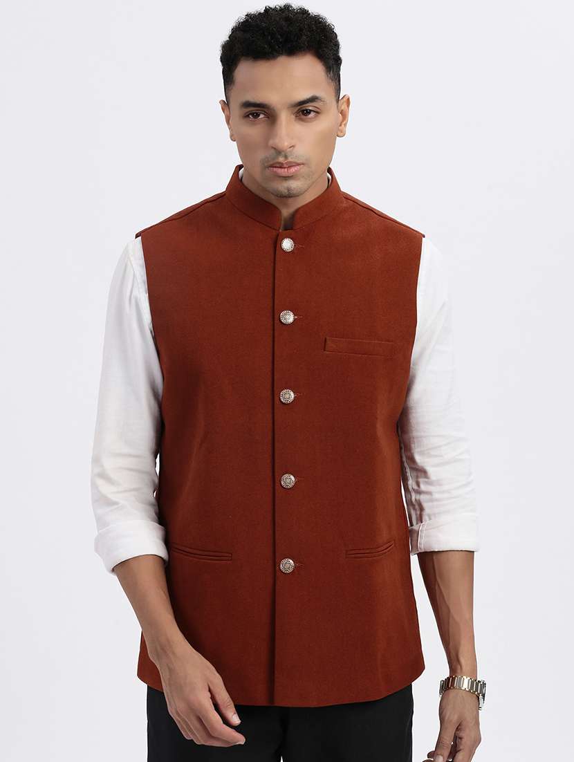 men solid mandarian neck nehru jacket - 21562502 - Zoom Image - 0