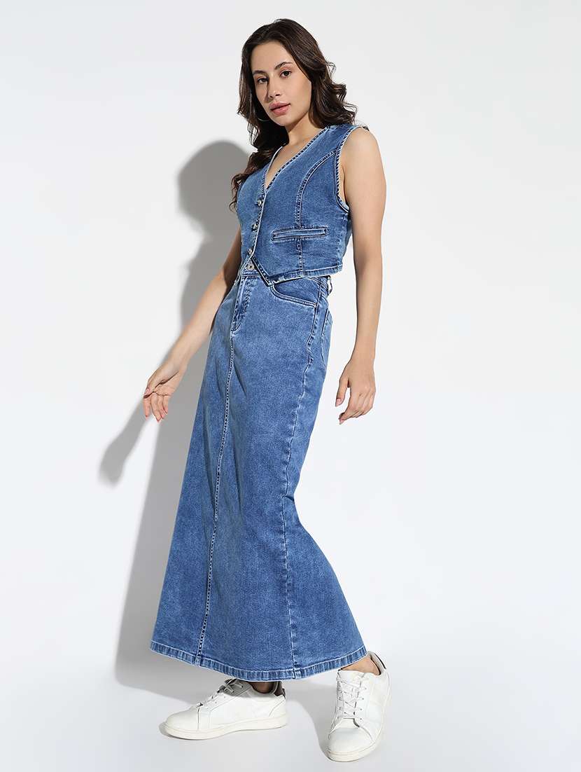 women solid denim top and skirt co-ord set - 21562595 -  Standard Image - 2
