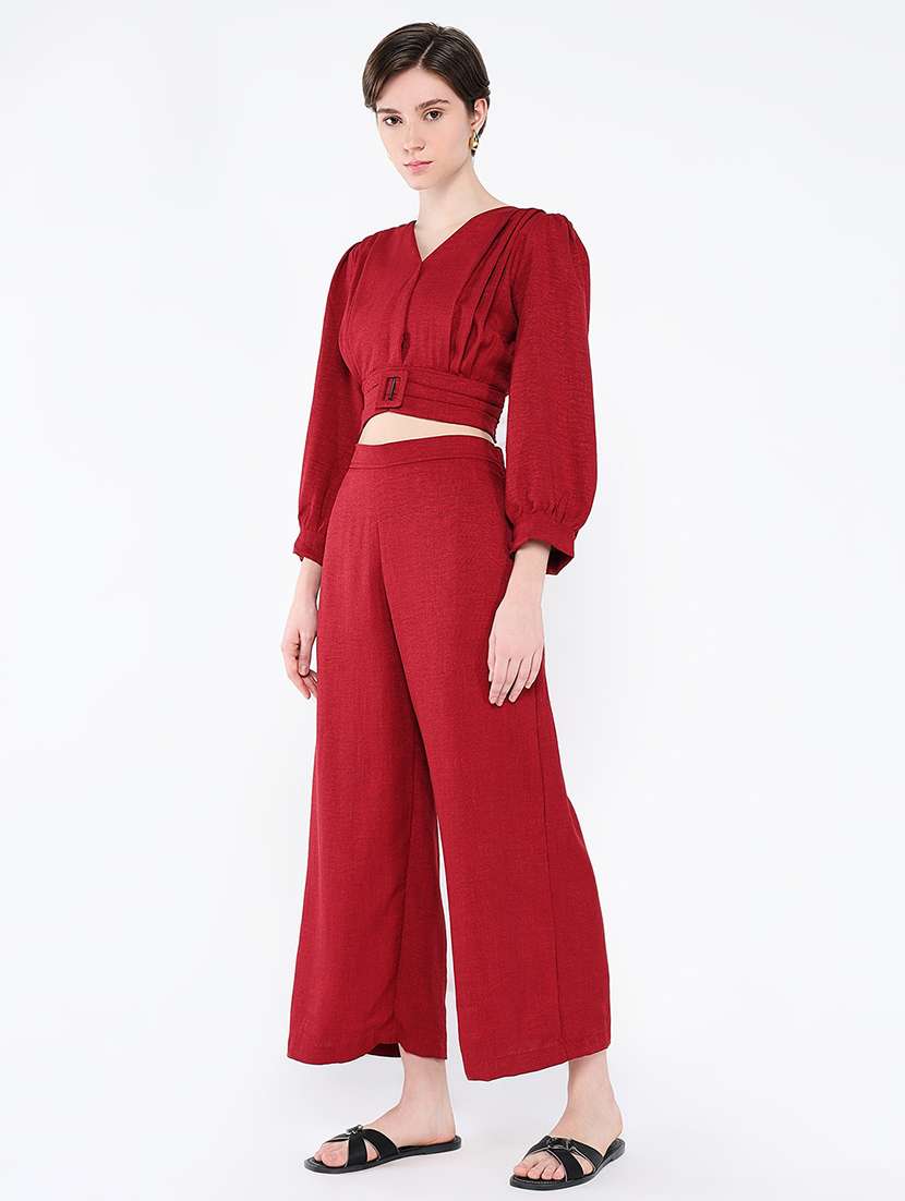 women solid top and trouser co-ord set - 21562622 -  Standard Image - 2