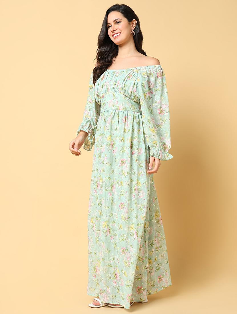 women printed off shoulder fit & flare dress - 21562629 - Standard Image - 2