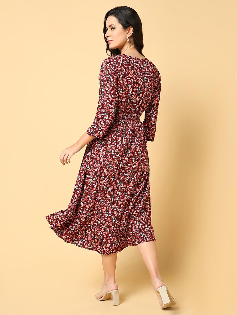 women printed three quarter sleeve fit & flare dress - 21562634 - Standard Image - 2