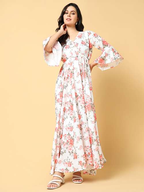 women printed bell sleeve fit & flare dress - 21562637 - Standard Image - 0