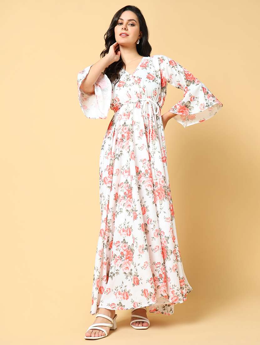 women printed bell sleeve fit & flare dress - 21562637 - Zoom Image - 0