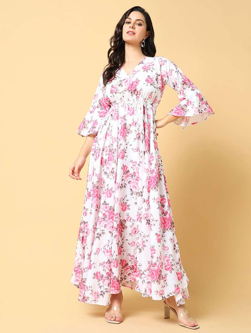 women printed bell sleeve fit & flare dress