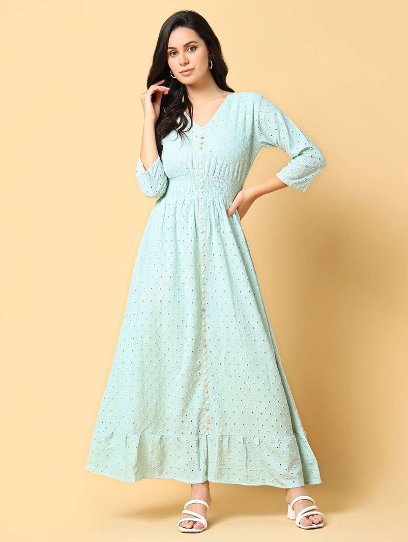 women schiffli detailed three quarter sleeve tiered dress