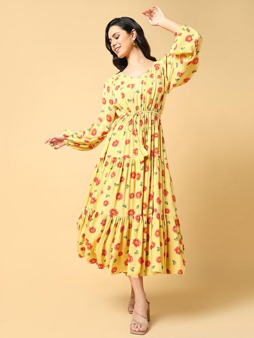 women printed puff sleeves tiered dress - 21562650 - Standard Image - 0