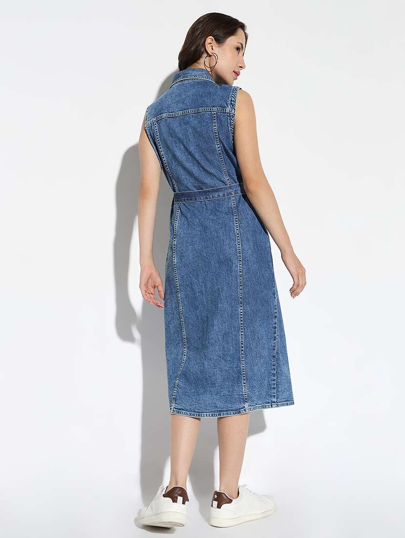 women solid collared shirt dress with belt - 21562658 - Standard Image - 2