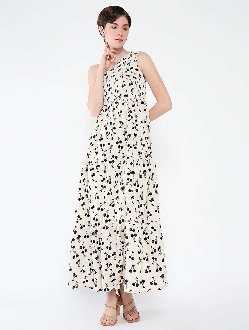 women printed single shoulder tiered dress