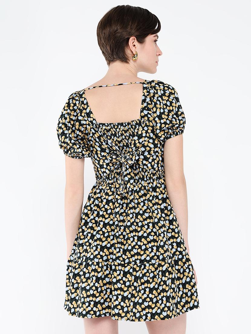 women printed puff sleeves fit & flare dress - 21562688 - Standard Image - 2