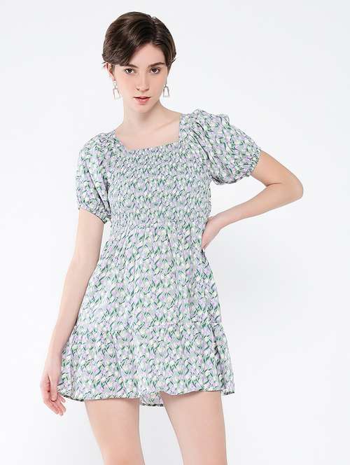 women printed puff sleeves fit & flare dress - 21562689 - Standard Image - 0