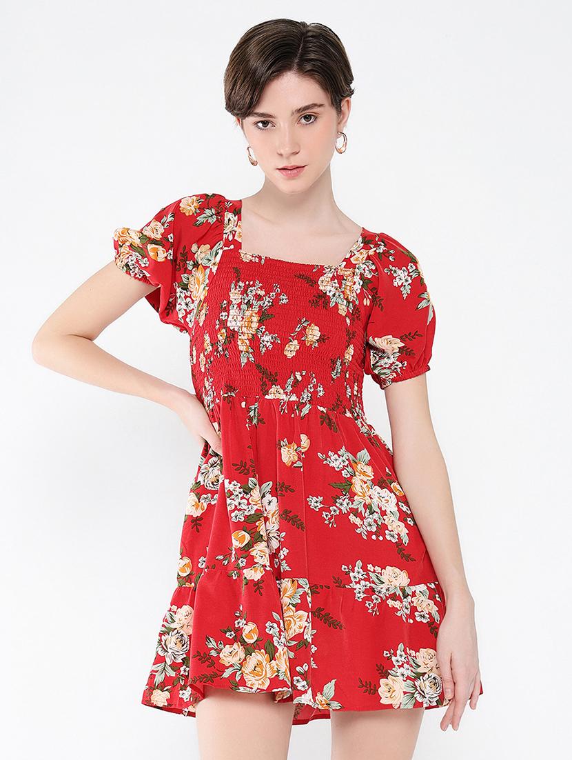 women floral printed puff sleeves fit & flare dress - 21562690 -  Zoom Image - 0