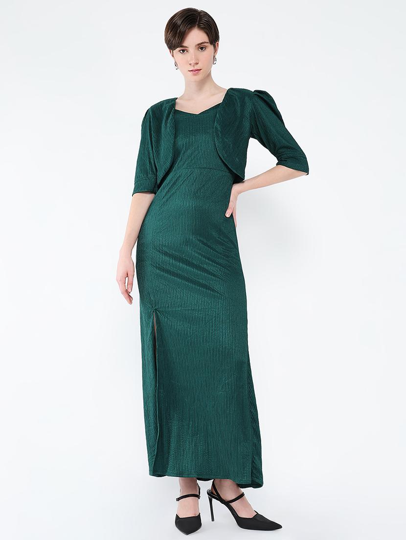women solid sleeveless a-line dress with shrug - 21562695 -  Zoom Image - 0