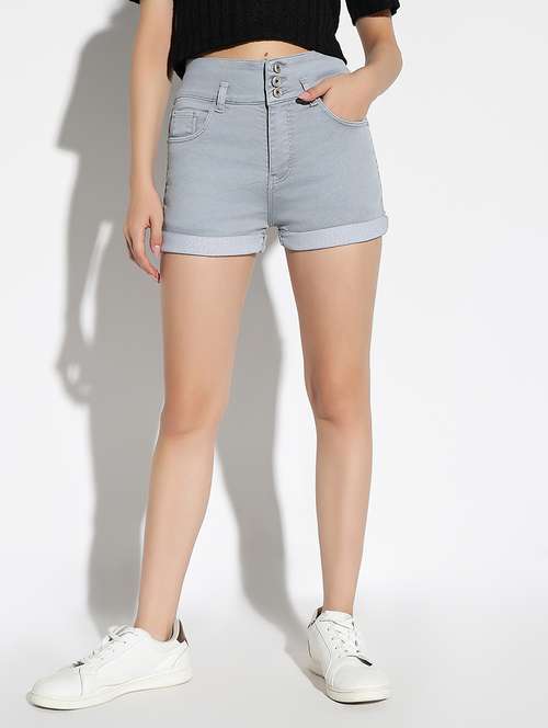 women solid high rise denim shorts - 21562723 - Standard Image - 0