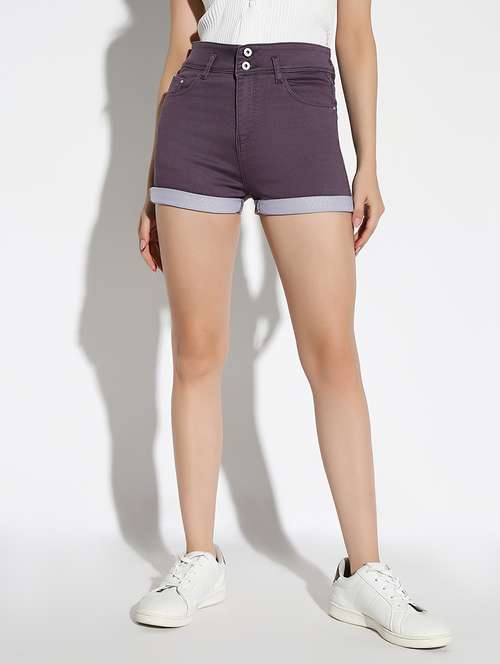 women solid high rise denim shorts - 21562730 - Standard Image - 0