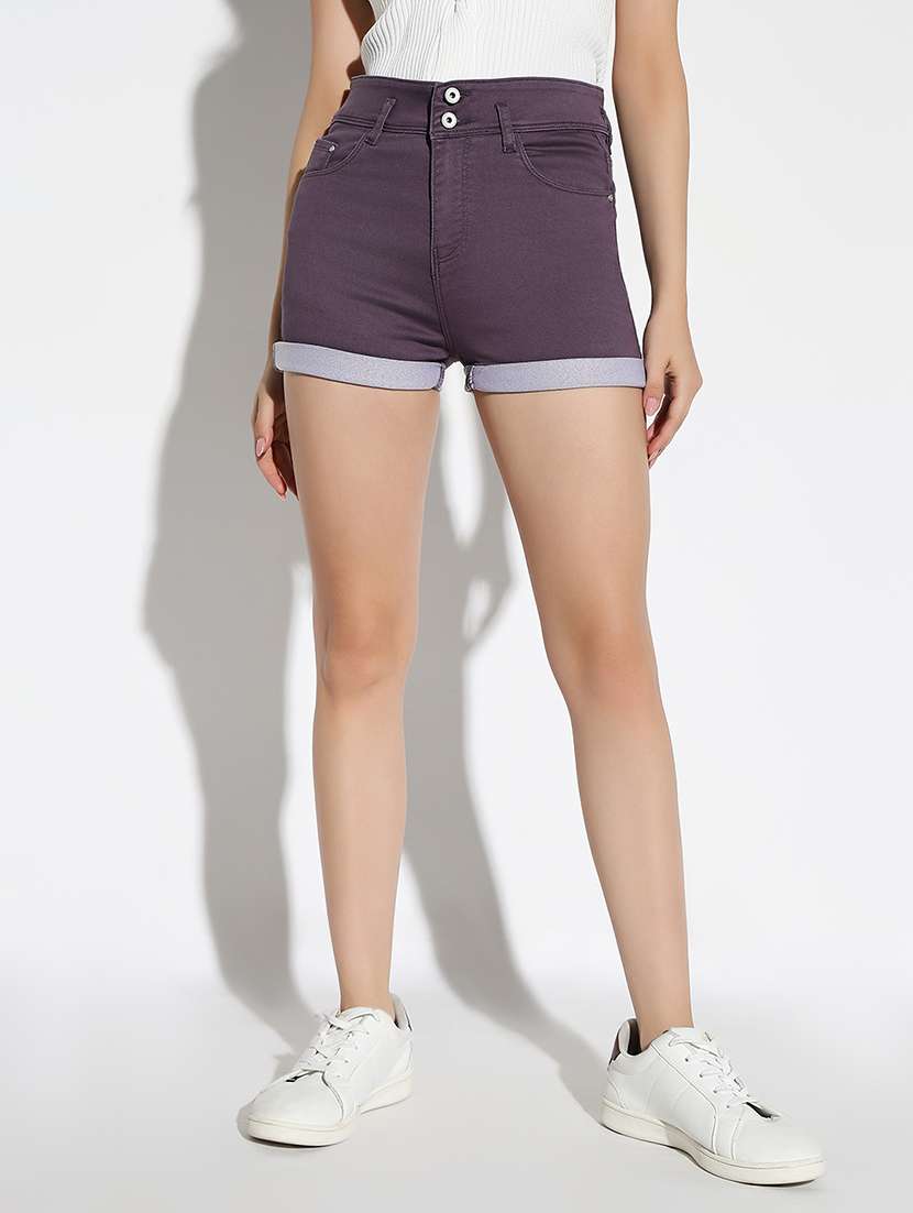 women solid high rise denim shorts - 21562730 - Zoom Image - 0