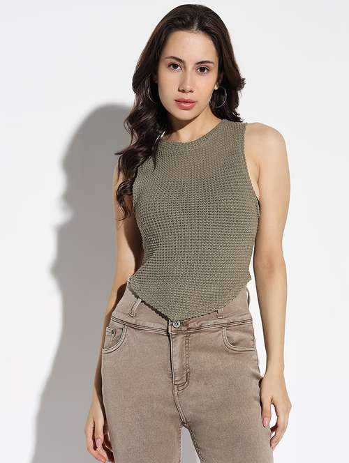 Women Self Design Sleeveless Crop Top