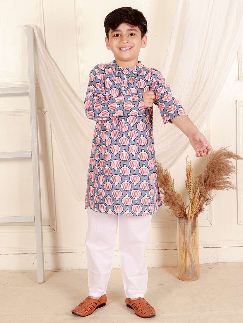 boys printed long sleeve kurta sets
