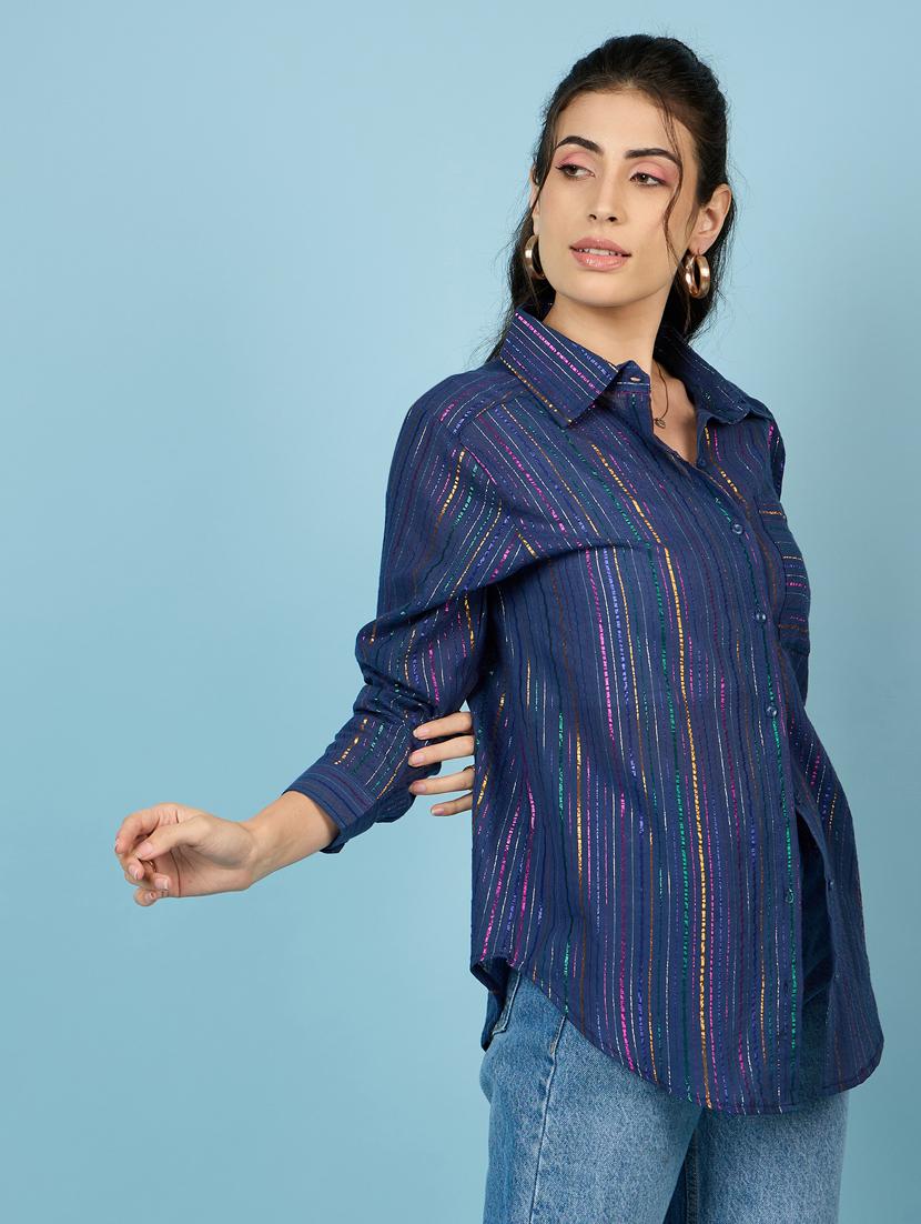 women navy blue stripes oversized shirt - 21563502 - Standard Image - 2