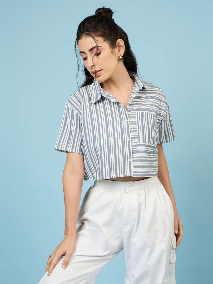women blue stripes crop shirt