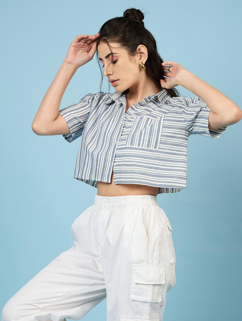women blue stripes crop shirt - 21563504 - Standard Image - 2