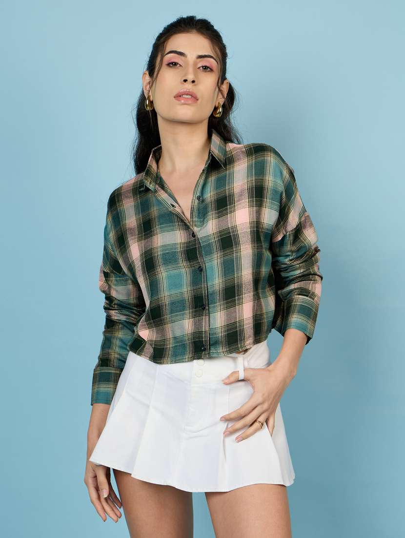 women green checks crop shirt - 21563505 -  Zoom Image - 0