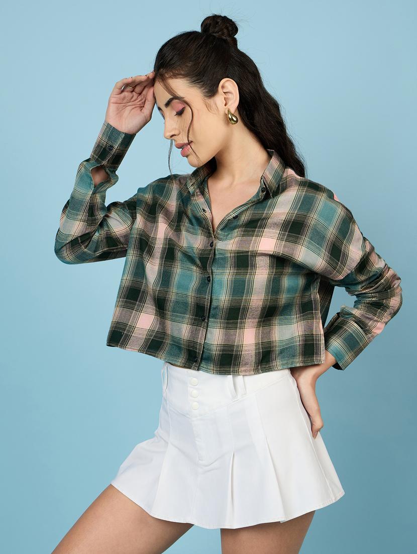 women green checks crop shirt - 21563505 - Standard Image - 2