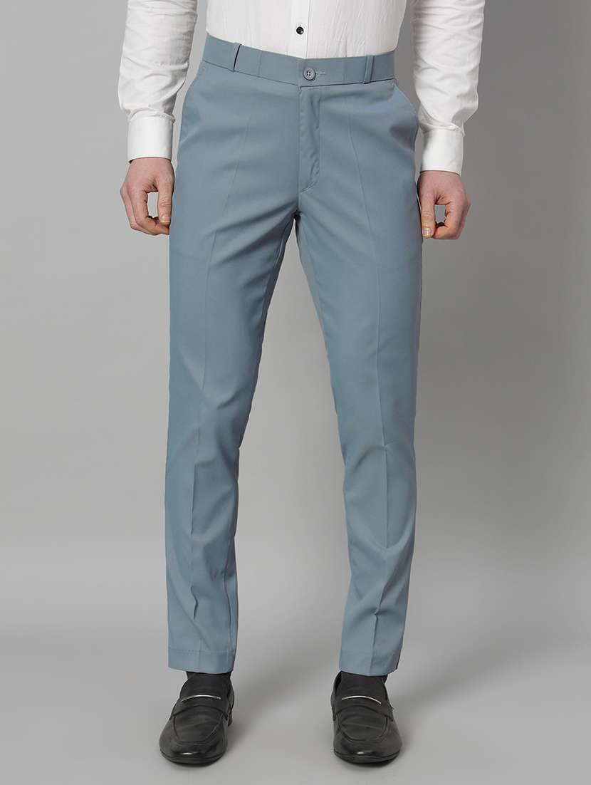 men solid flat front slim fit formal trouser