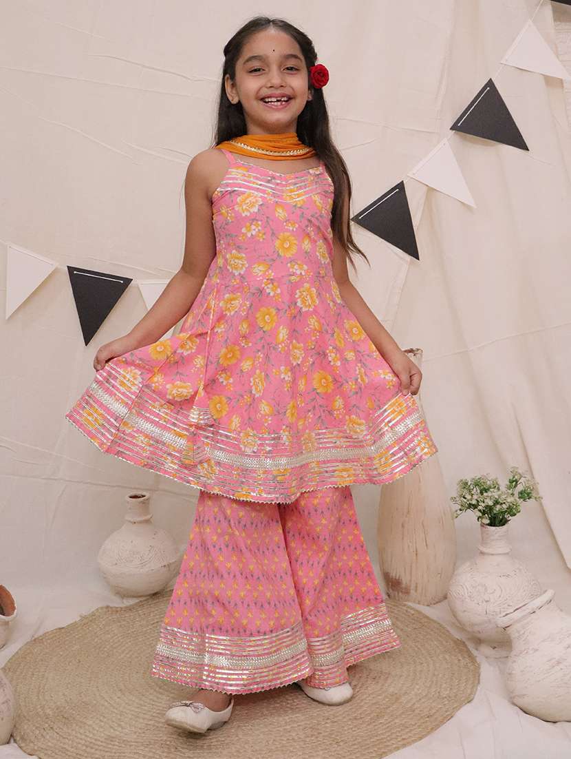 girls floral printed kurta sharara set with dupatta