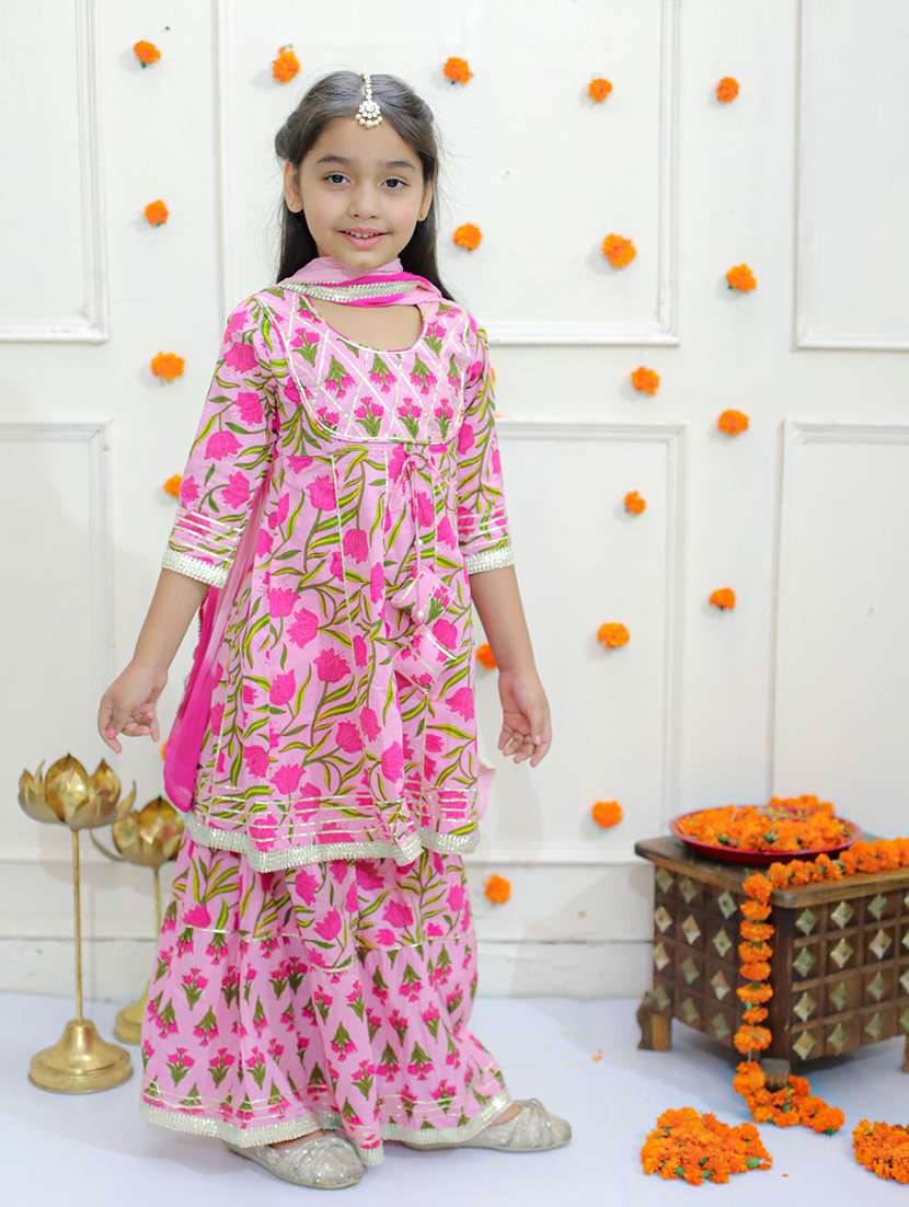 girls floral printed kurta sharara set with dupatta