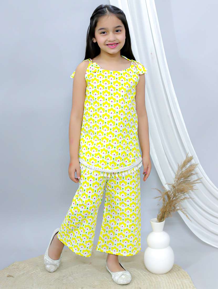 girls printed round neck kurta palazzo set