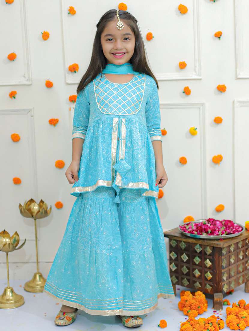 girls bandhani printed kurta sharara set with dupatta