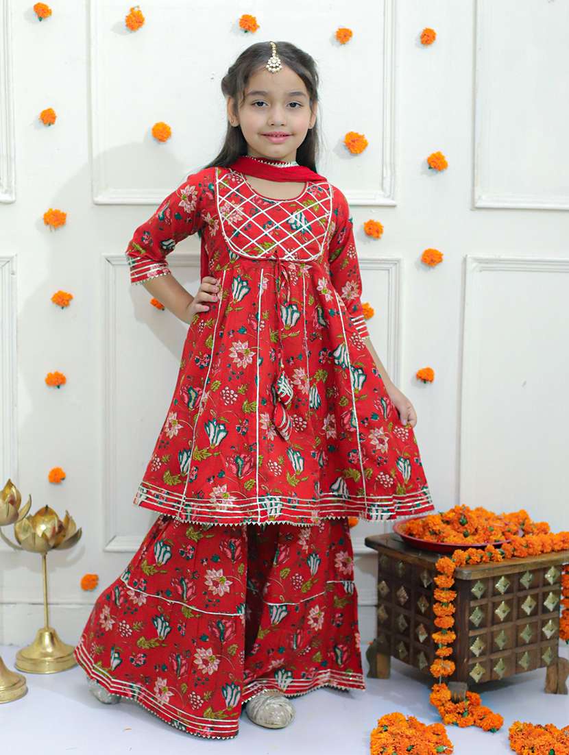 Girls Floral Printed Kurta Sharara Set With Dupatta