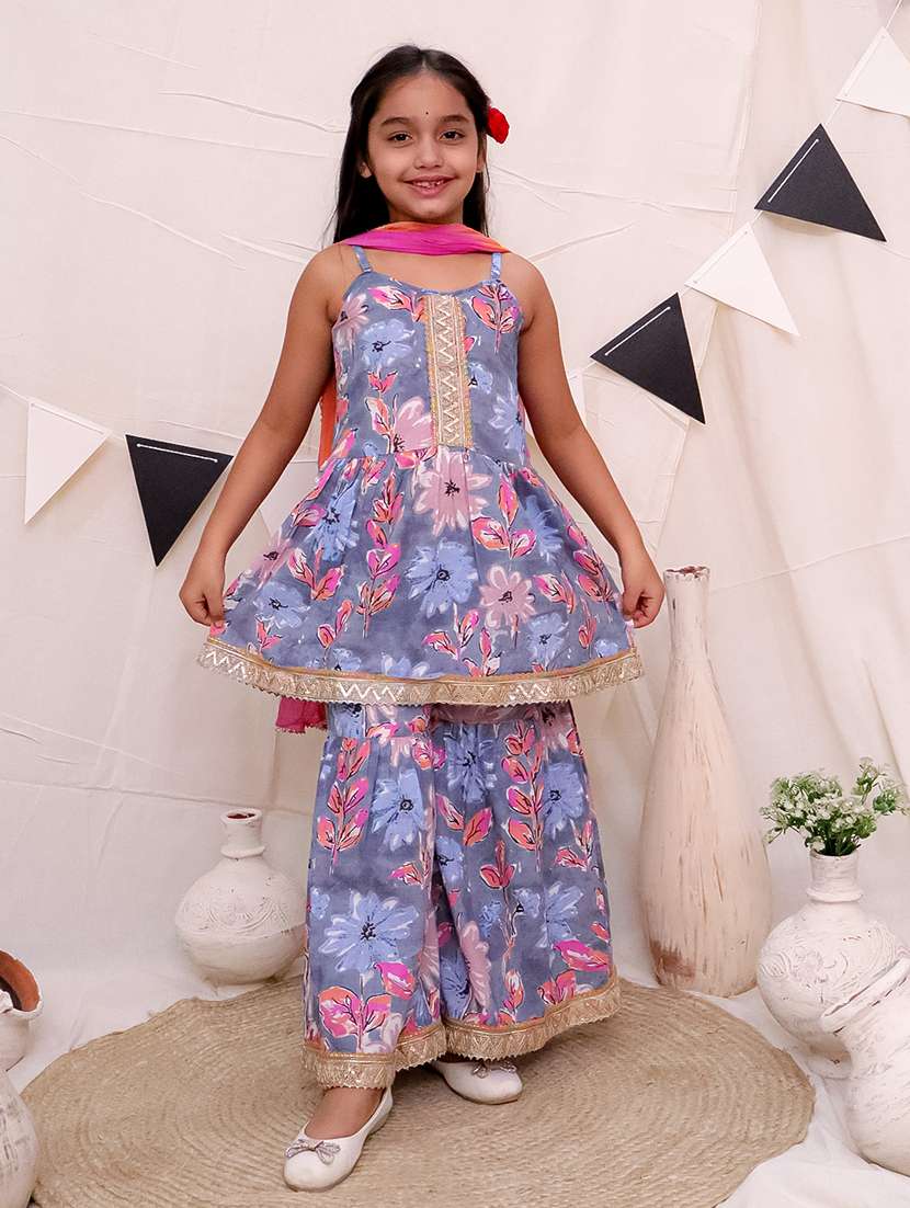 girls floral printed kurta sharara set with dupatta