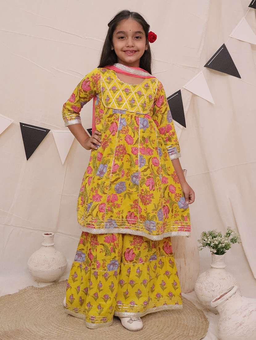 girls floral printed kurta sharara set with dupatta