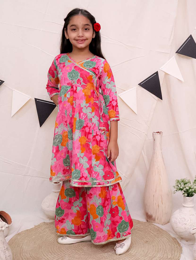 girls floral printed v neck kurta sharara set
