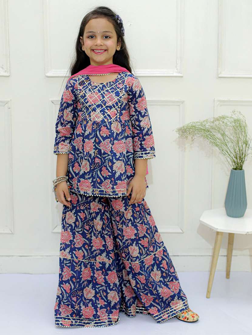 girls floral printed kurta sharara set with dupatta