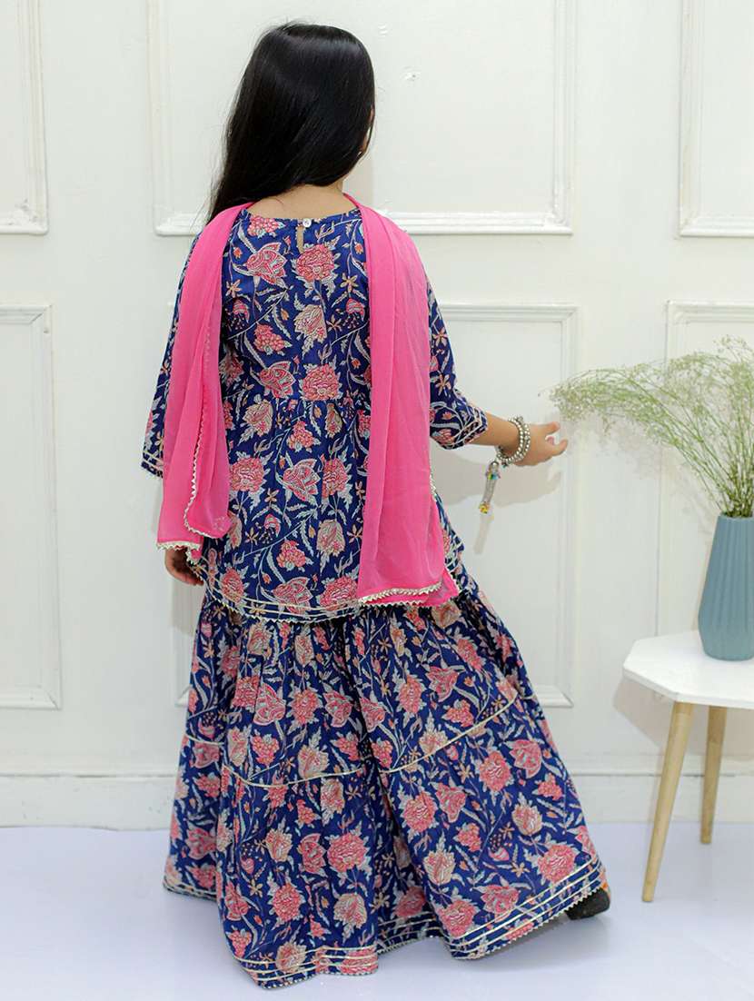 Girls Floral Printed Kurta Sharara Set With Dupatta