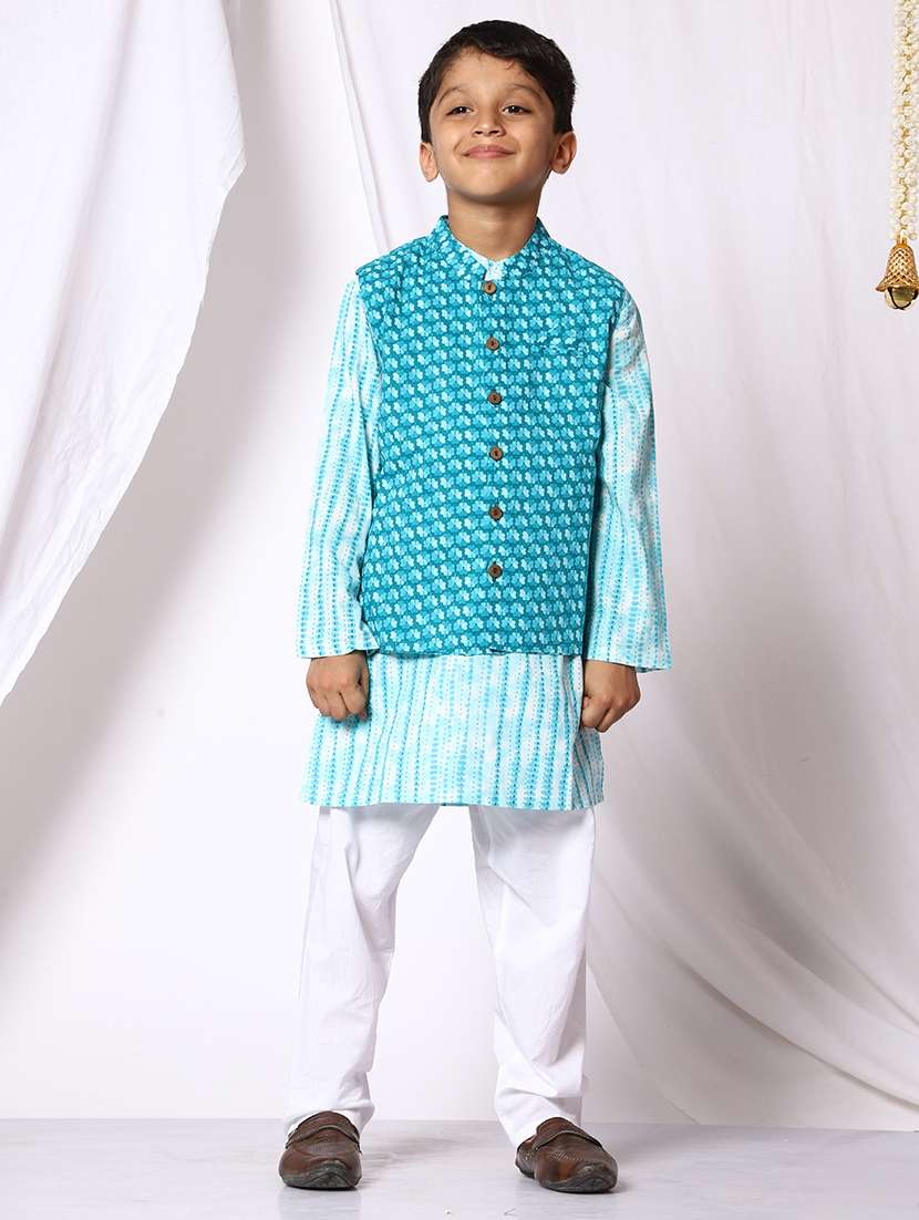 boys mandarin neck kurta pyjama with ethnic jacket set