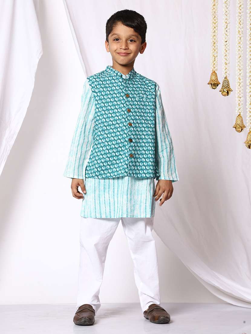 boys mandarin neck kurta pyjama with ethnic jacket set