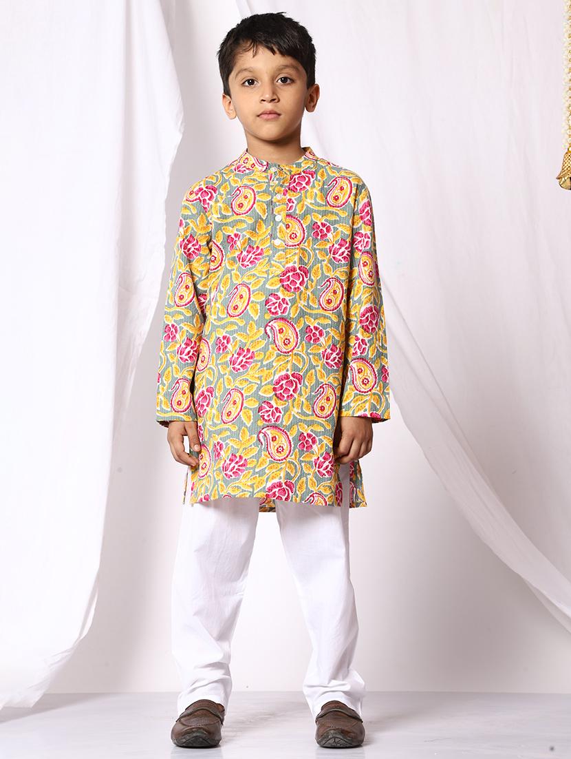 boys printed mandarin neck kurta pyjama set