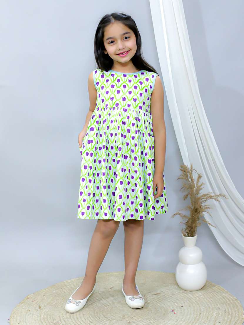 girls  floral printed round neck a-line dress