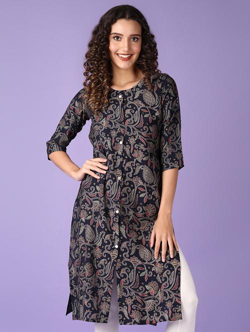 women navy blue printed round neck straight kurta - 21564136 -  Standard Image - 0