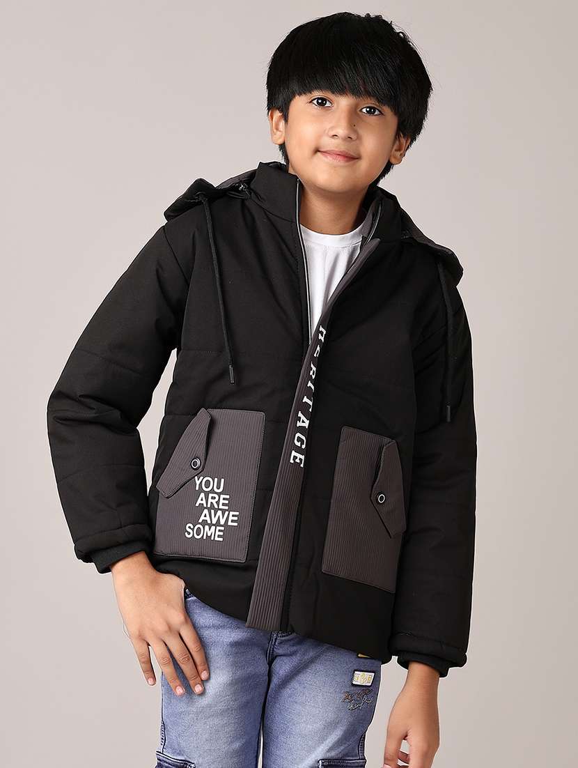 boys black solid long sleeve bomber hooded jacket