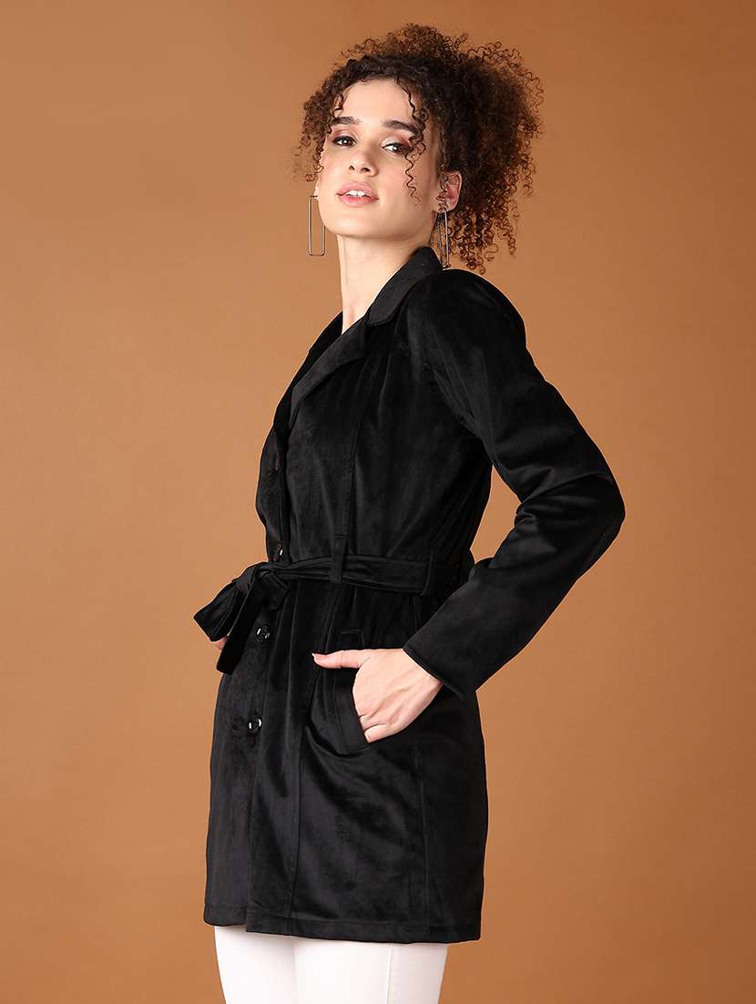 women black solid full sleeve coat - 21564842 -  Standard Image - 2