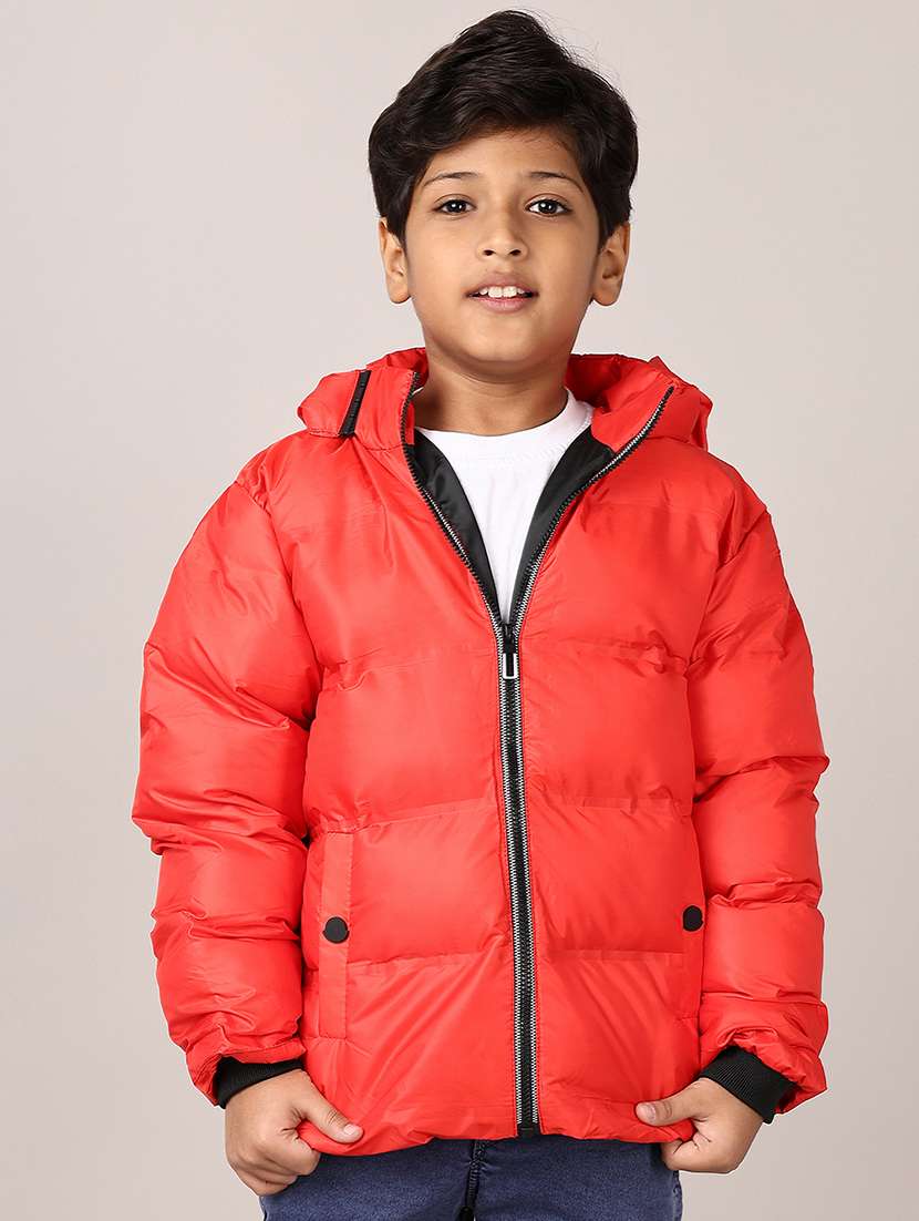 boys red solid long sleeve bomber hooded jacket